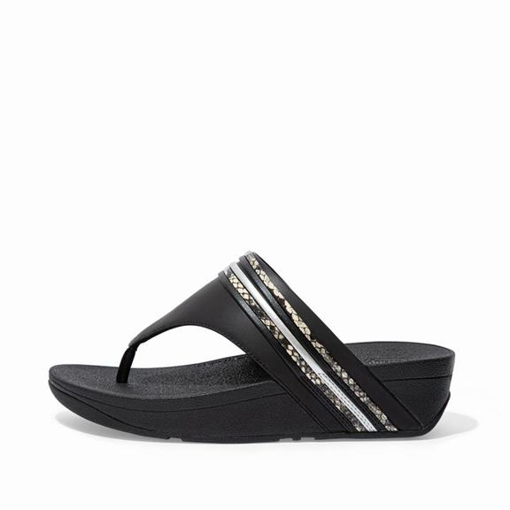 Fitflop Olive Leather Faux Zehenstegsandalen Damen - Schwarz AT-437015